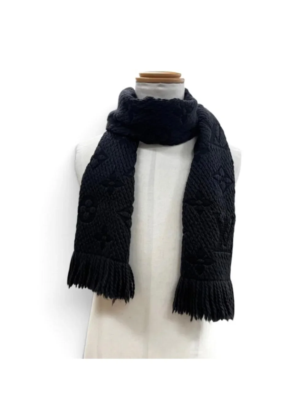 Louis Vuitton Echarpe Logo Mania Monogram Wool Silk Scarf with Fringe Dark Gray